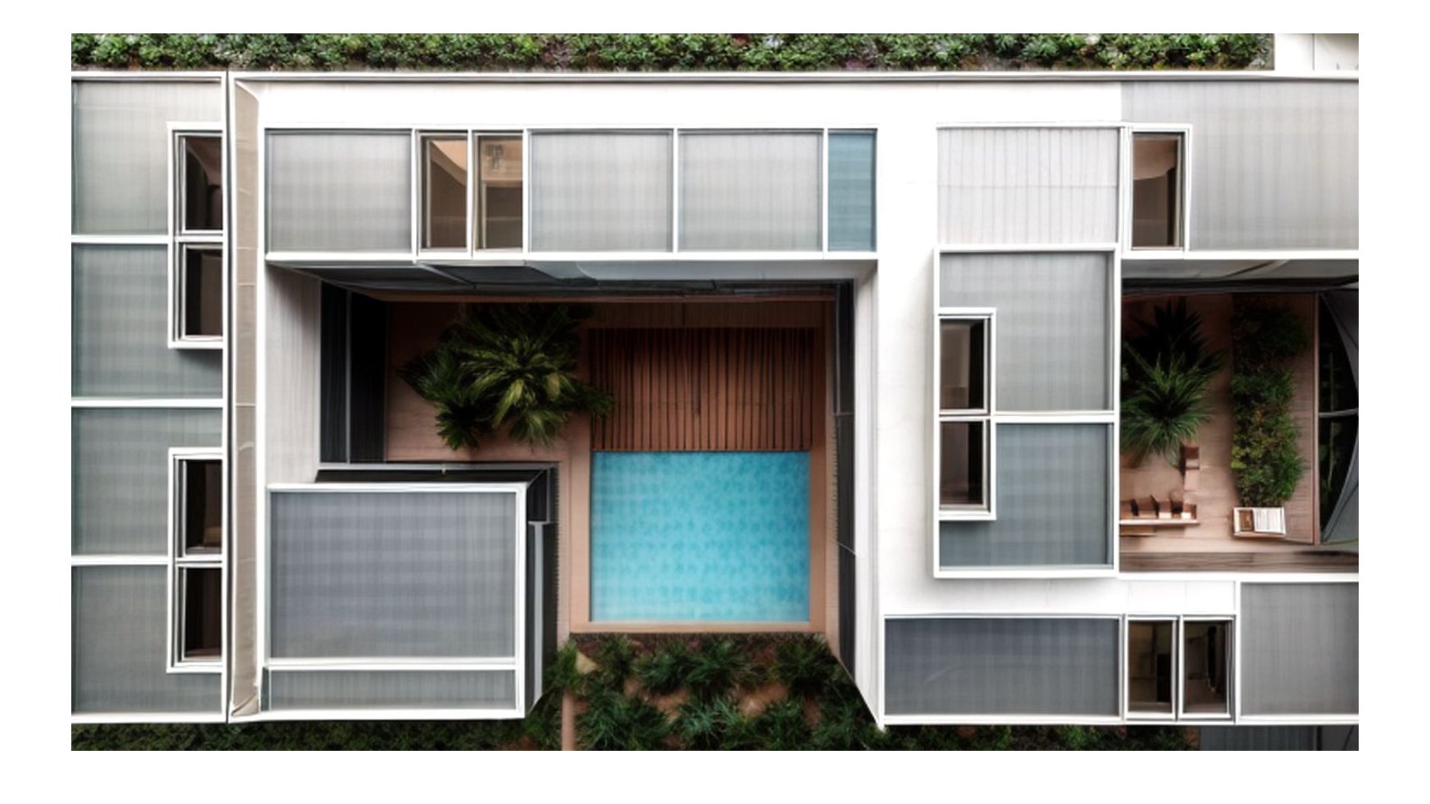 Overhead view of a courtyard pool with planting and a translucent grid facade.