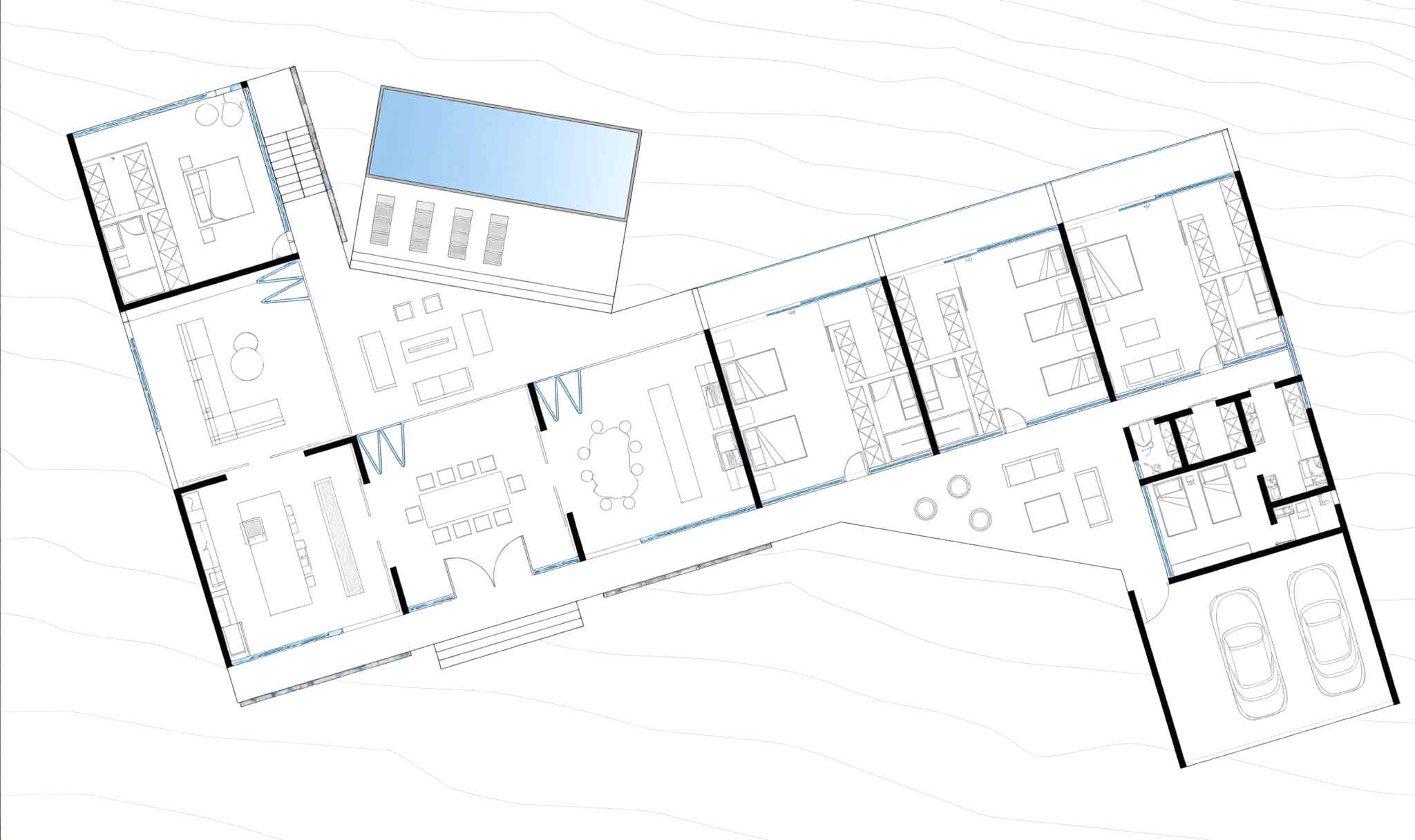 Ground-floor plan of Zorro y Toro on topographic contours: V-shaped wings around a courtyard infinity pool, lounge chairs, and a fire-pit patio.