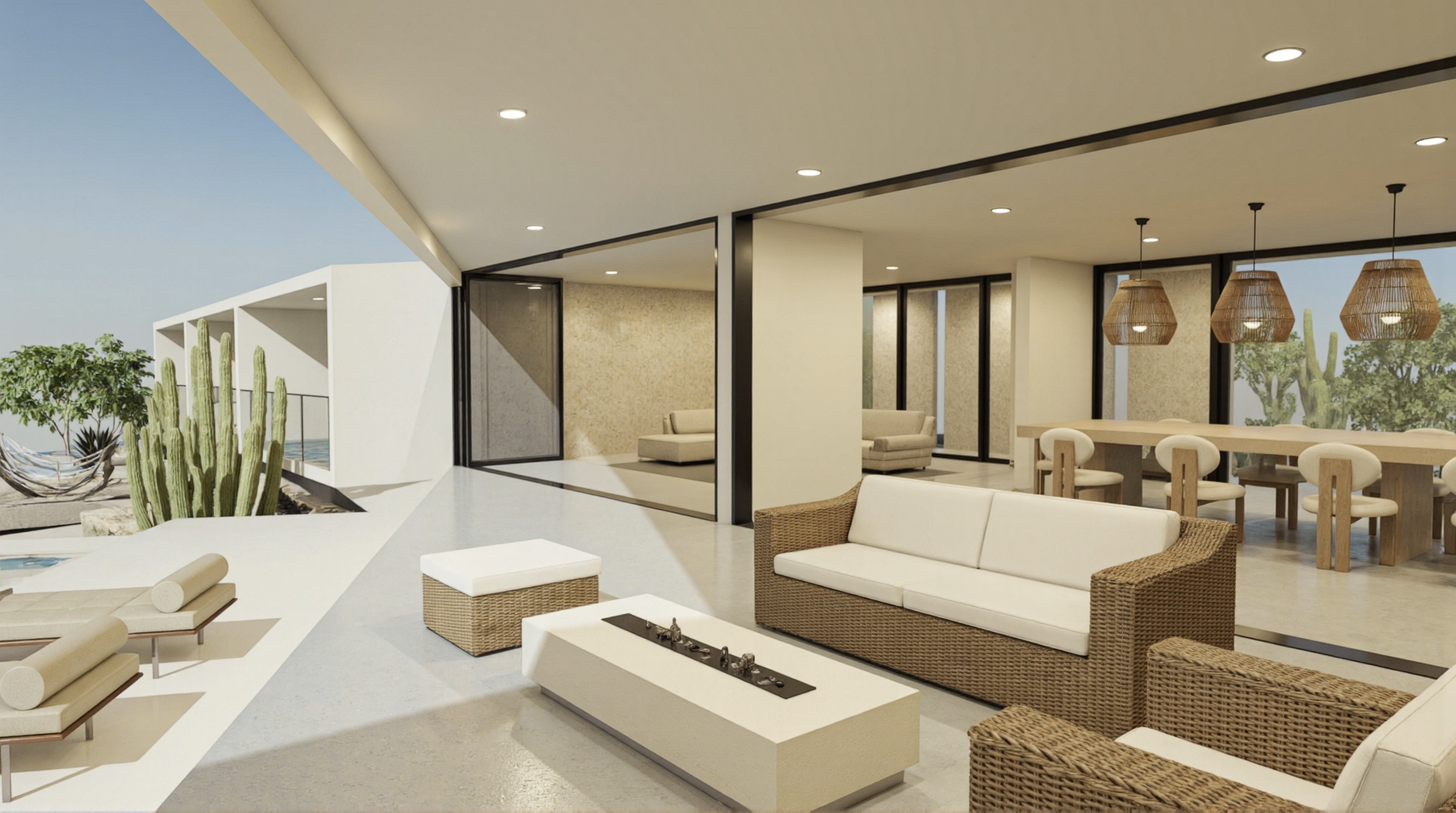 Outdoor living with a woven sofa and a linear fire-pit table, looking through open glass doors to the dining table and woven pendant lights.