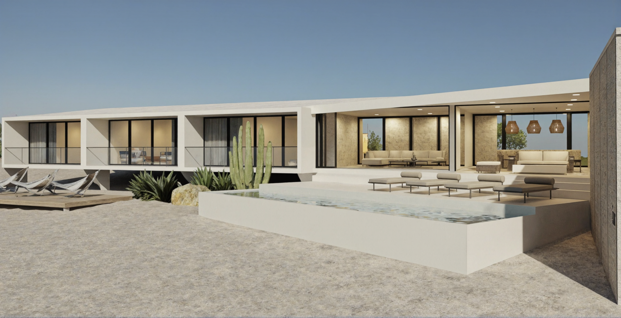 Long pool elevation: bedroom wing with glass sliding doors and railings, a white pavilion, and an infinity pool in the desert.